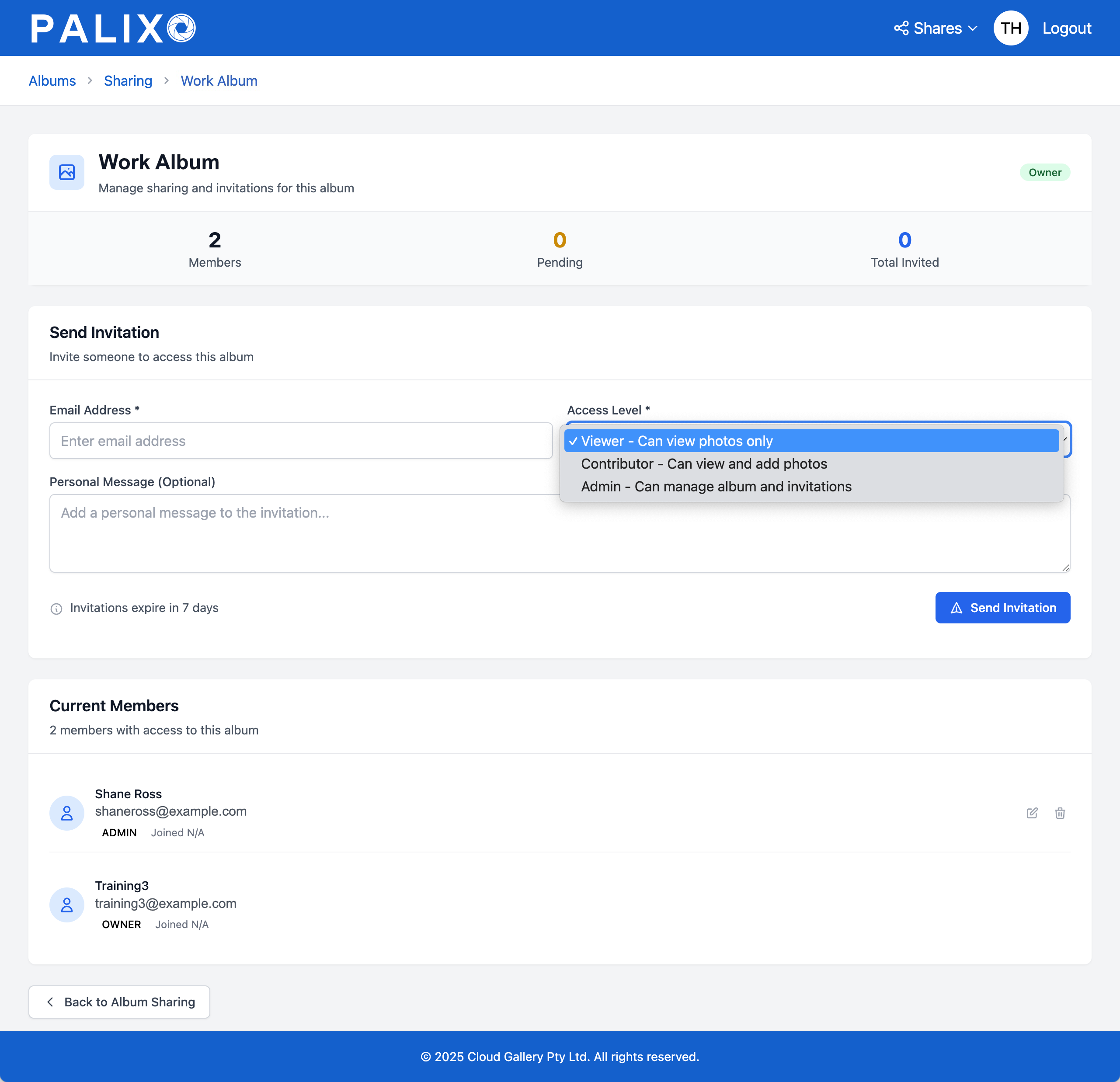 Album sharing management page with invitation form