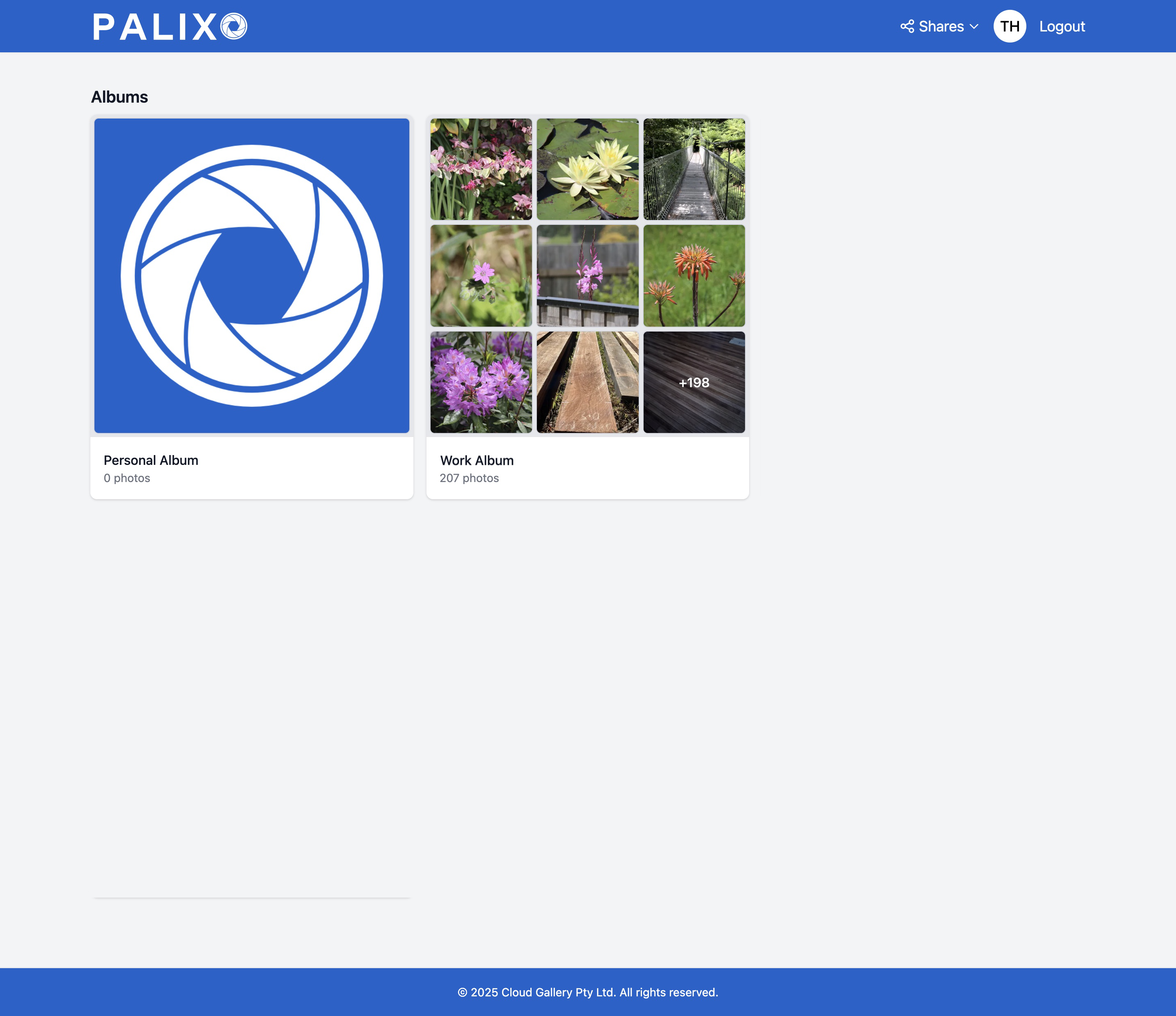 Home screen with album cards