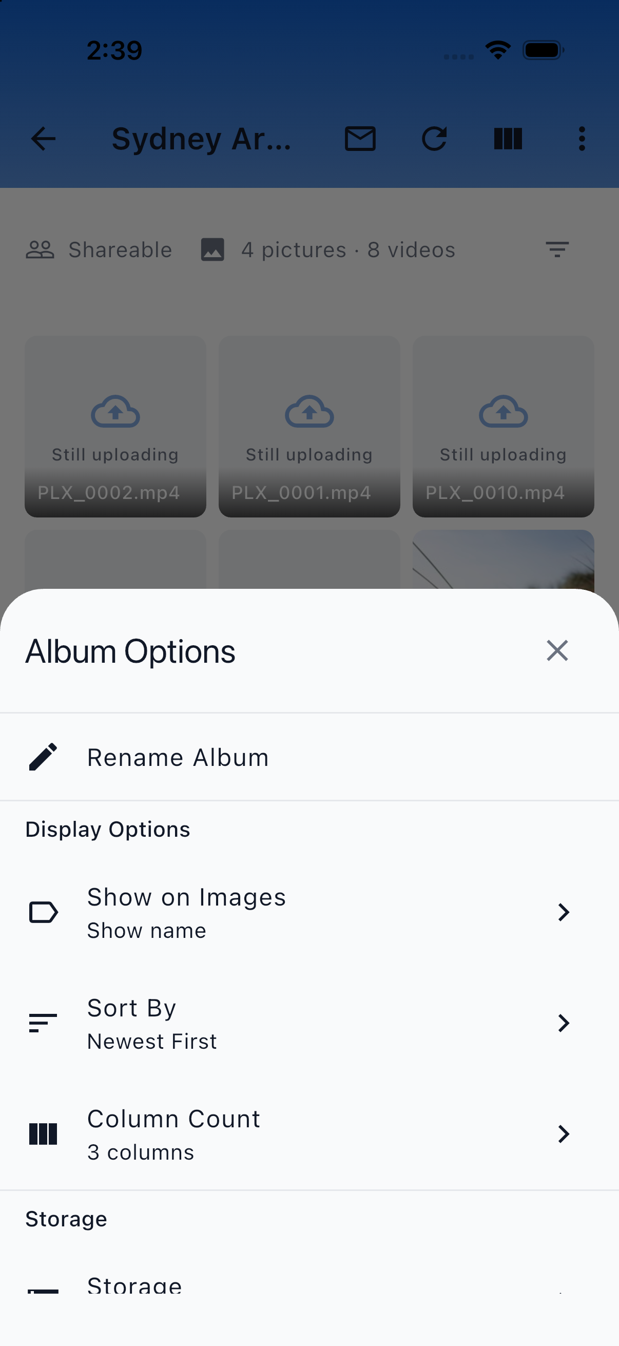 The album screen with the Album Options menu open