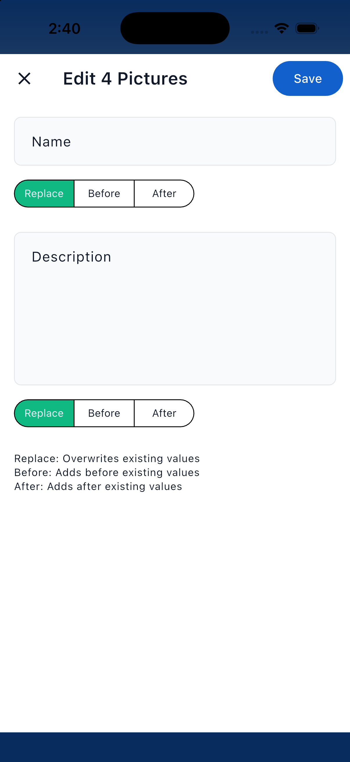 The Edit Pictures dialog with Replace, Before and After