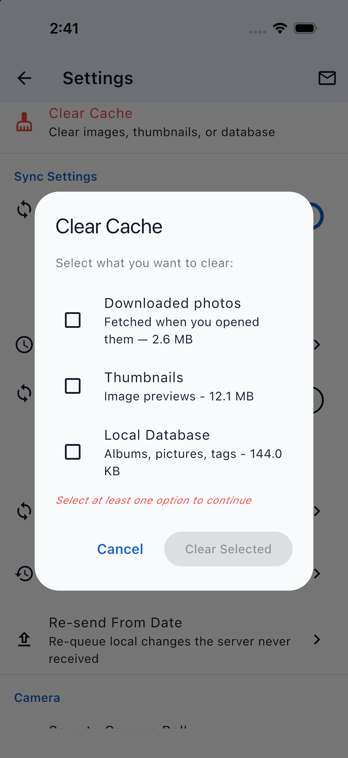 The Clear Cache dialog
