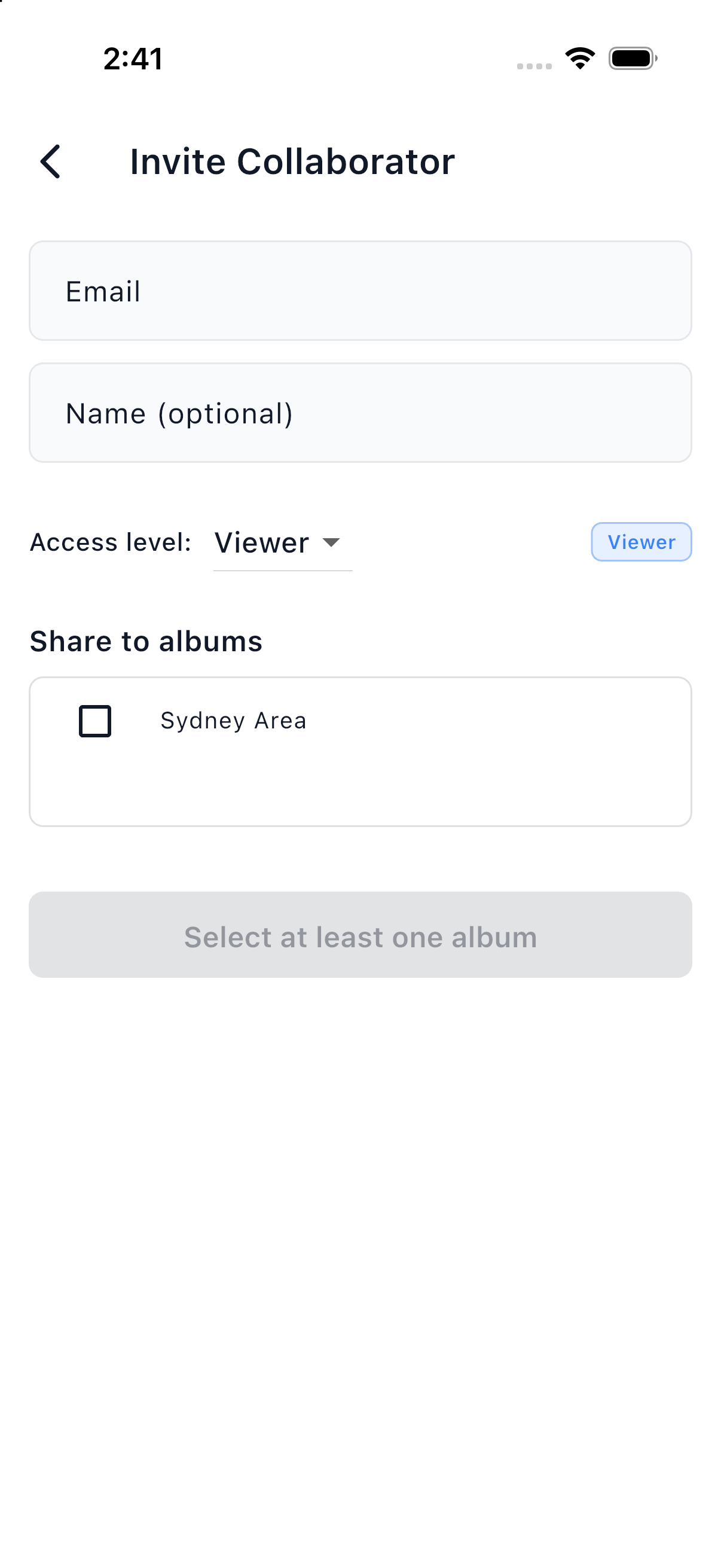 The Invite Collaborator screen