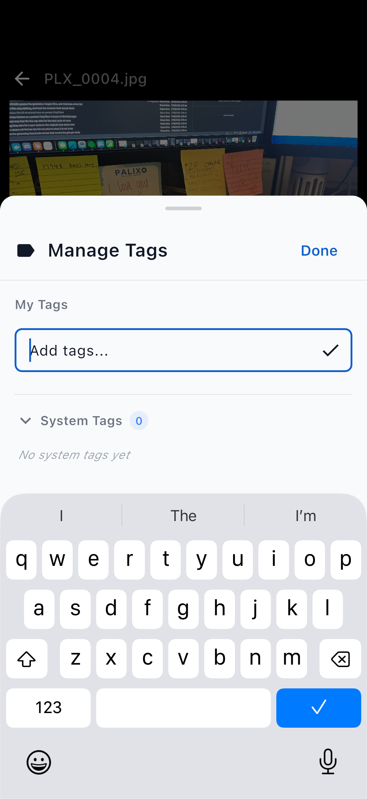 The Manage Tags sheet