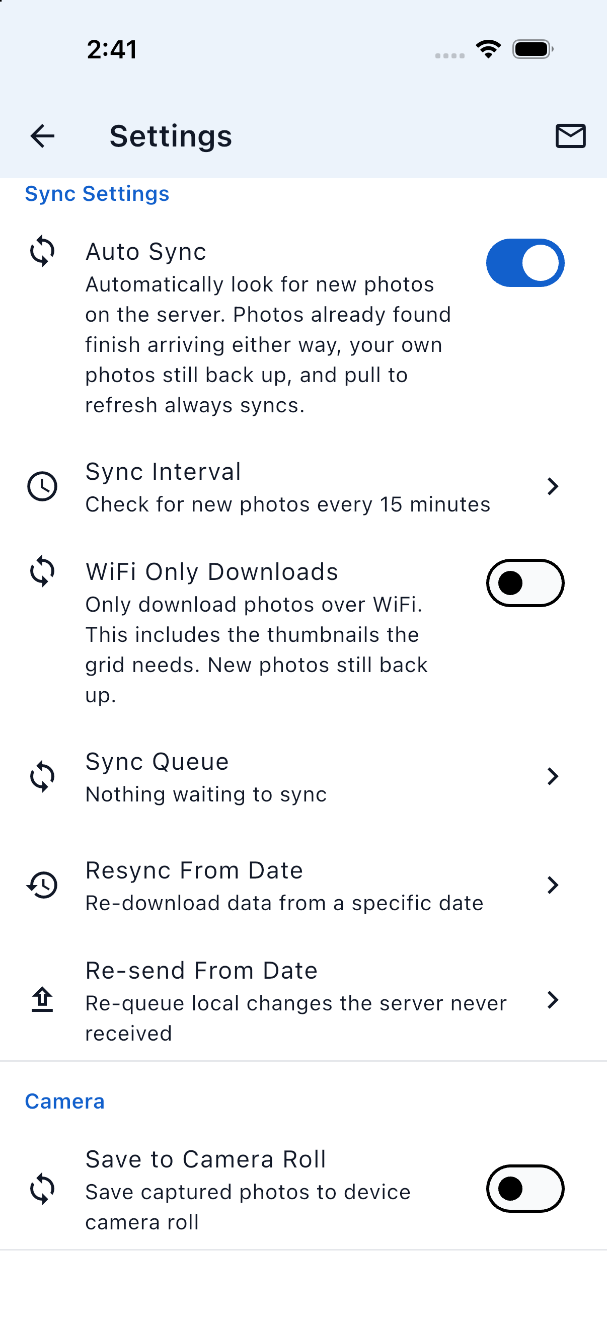 The Sync Settings section