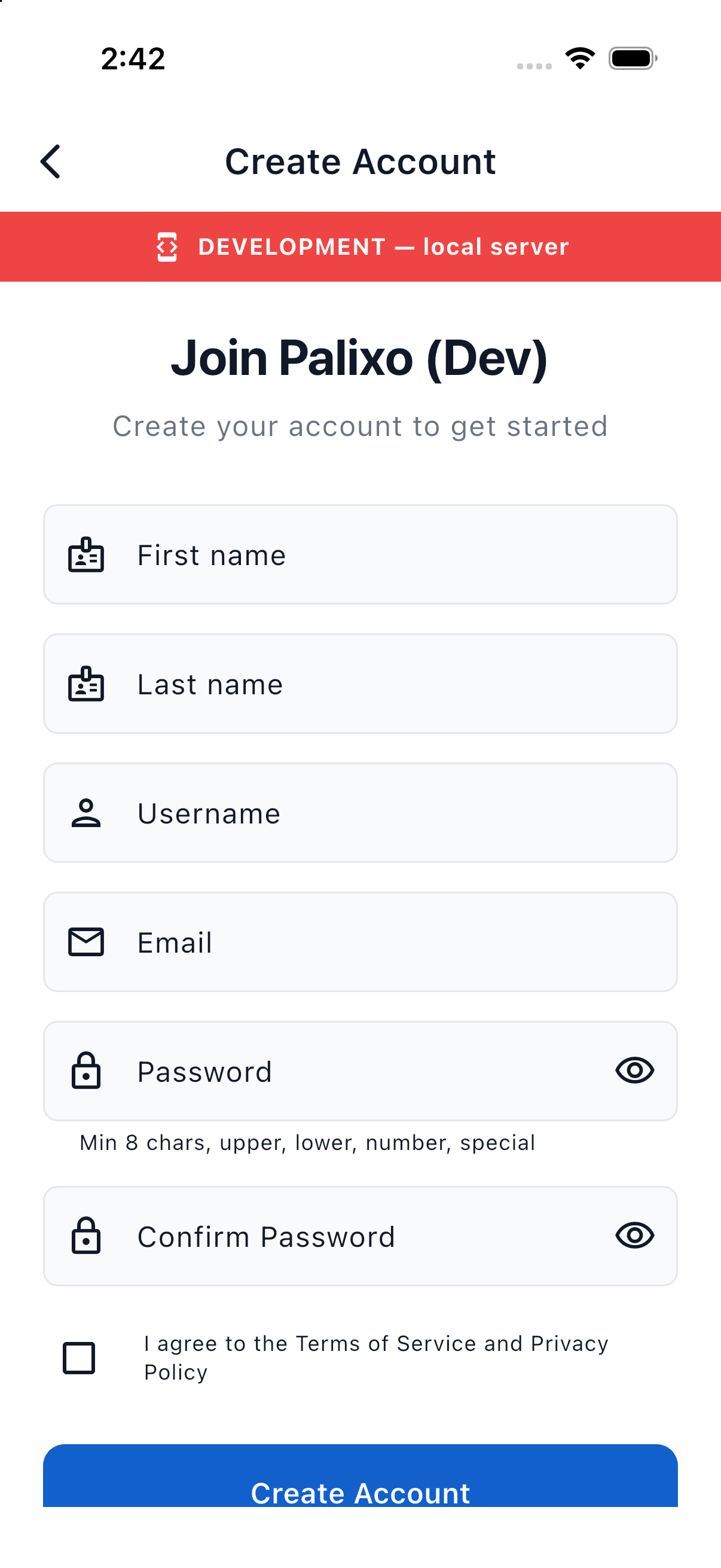 The Create Account screen