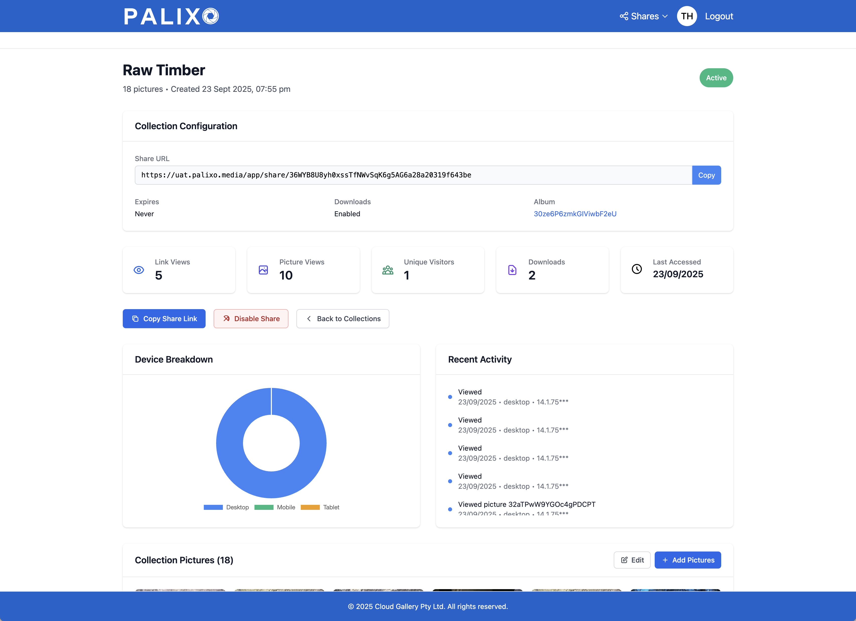 Share details page with analytics metrics and charts